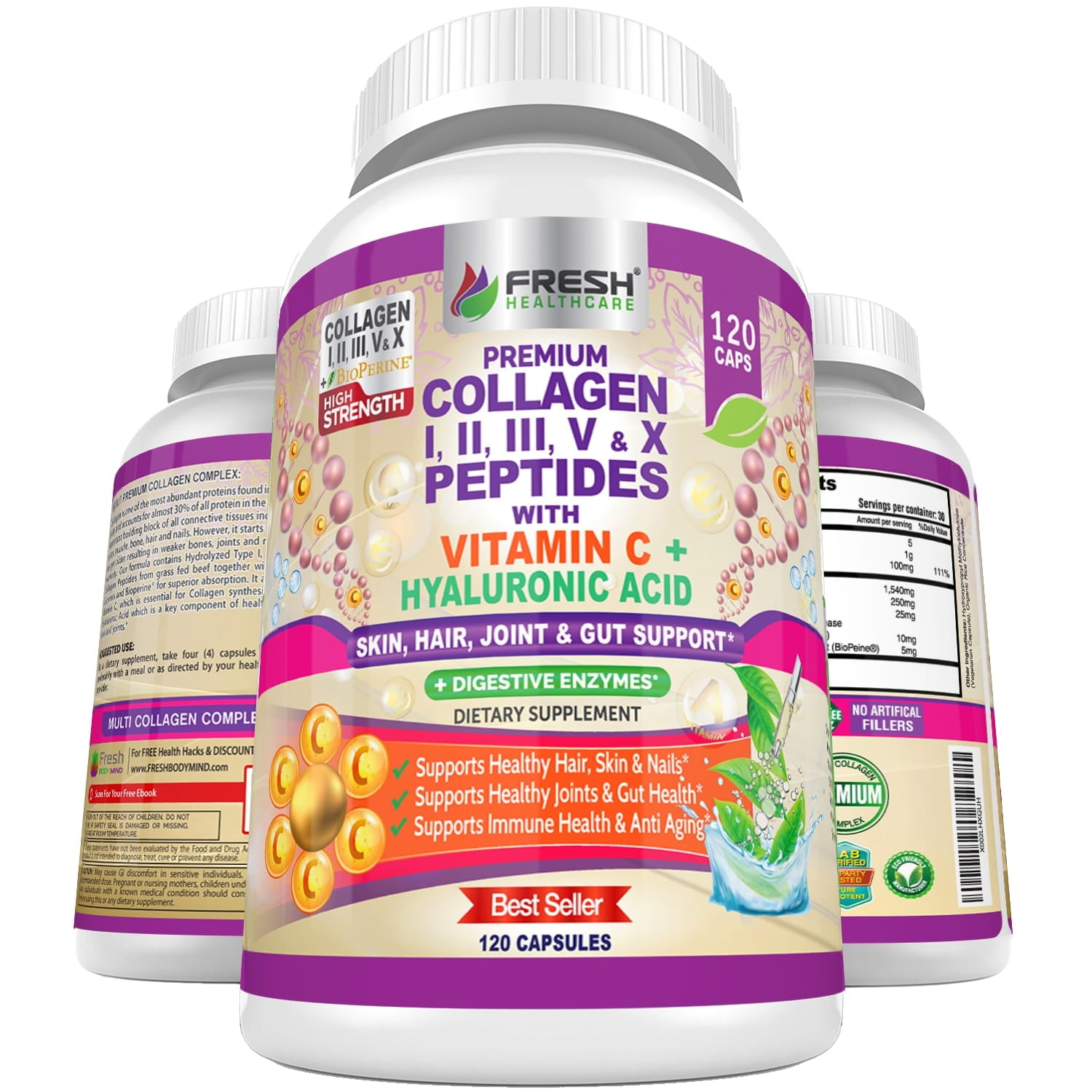 Multi Collagen Pills with Type I, II, III, V & X Peptides with Vitamin