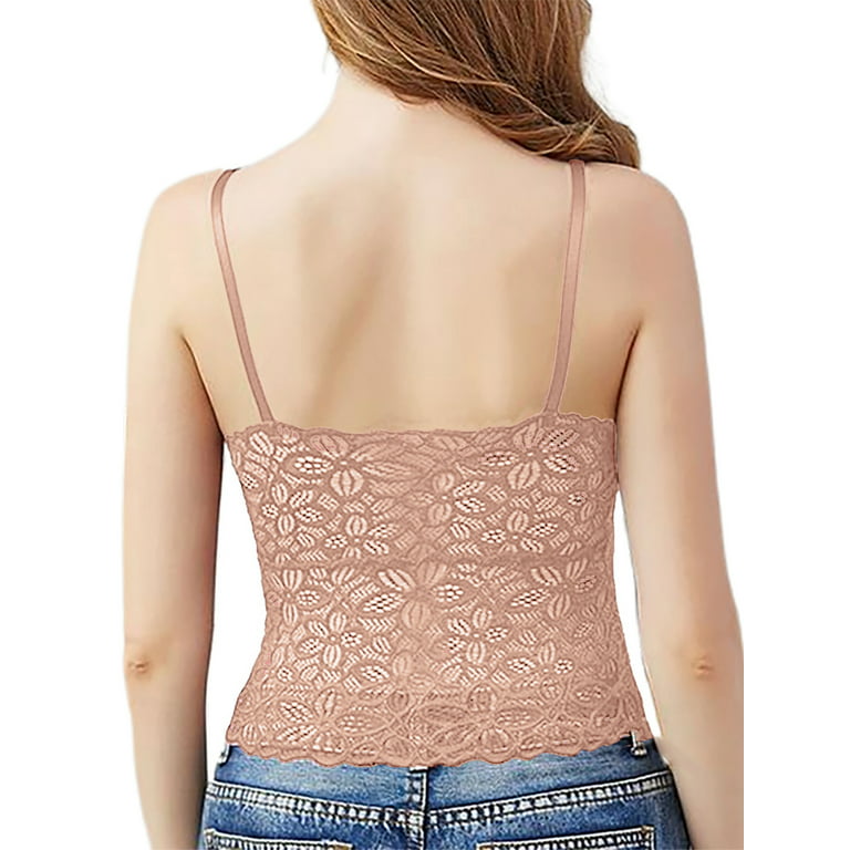wybzd Women Lace Bra Camisole Bralette Floral Hollow-Out Spaghetti Strap  Padded Vest Adjustable Crop Top Pale Pink L 