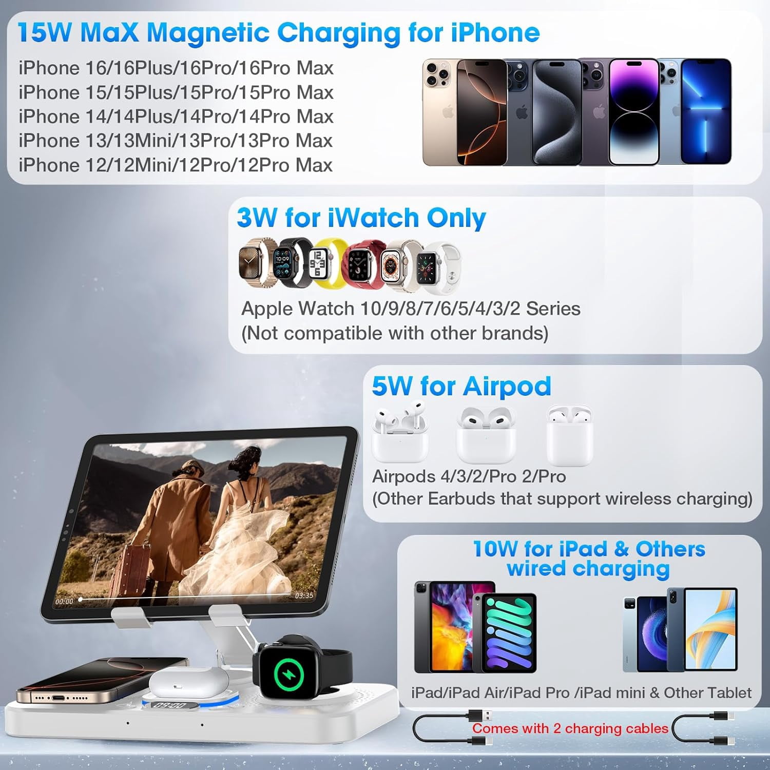 6 in 1 Wireless Charger for Apple Device, 30W Foldable Charging Station for ipad with Clock & 7 Color Ambient Light, Nightstand Wireless Charger for iPhone 16/15/14/iWatch Series/AirPods 4/3(Black)