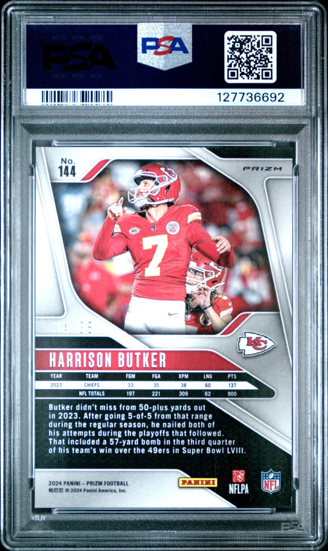 Harrison Butker 2024 Prizm Red Shimmer Football Card #144 Graded PSA 9 /35 Cert #1277736692