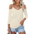 thumbnail image 2 of hxobax Womens Tops 3/4 Sleeve Cold Shoulder Tshirts Sexy V Neck T-Shirt Solid Color Basic Tees Tunic, 2 of 8