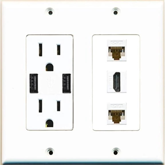 RiteAV Power Outlet 2 USB Charger HDMI White 2 Cat6 Wall Plate White