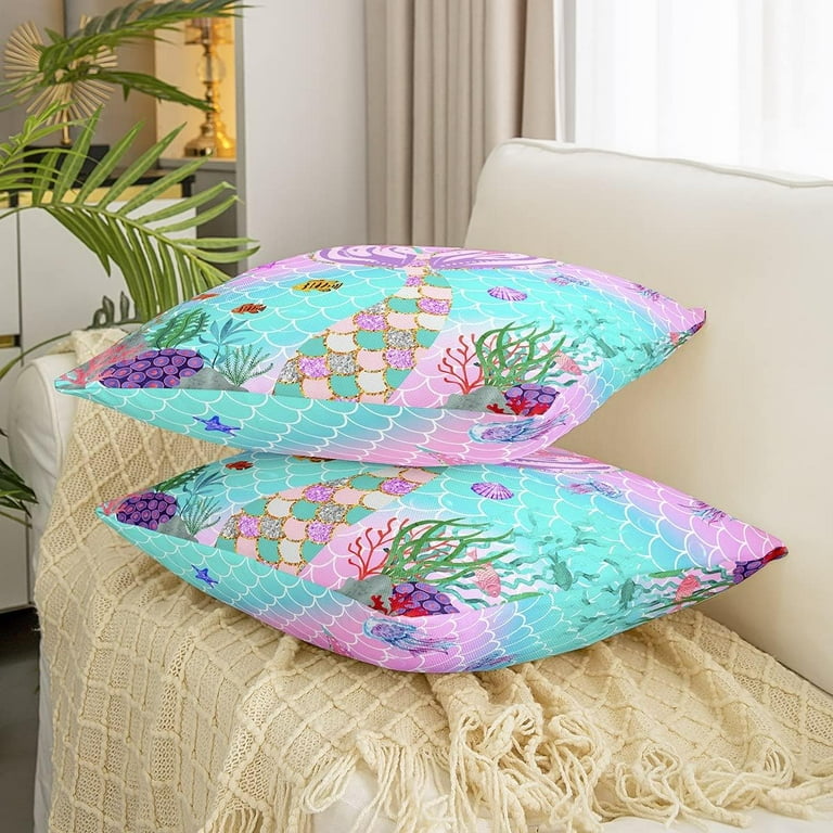 Set of 2 Mermaid Tail Throw Pillow covers 18x18 Kids Fish Scales Pillow covers Girly Rainbow Cushion covers Ocean Life Sea Animal Sequins Decorative Square Pillow cases Bedroom Decor Teal Pink