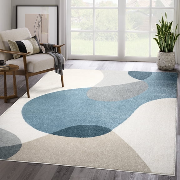 Abani Deco Collection Area Rug Mid Century Modern Bedroom Living Room Decor Floor Rug 4 x 6 Cream Blue