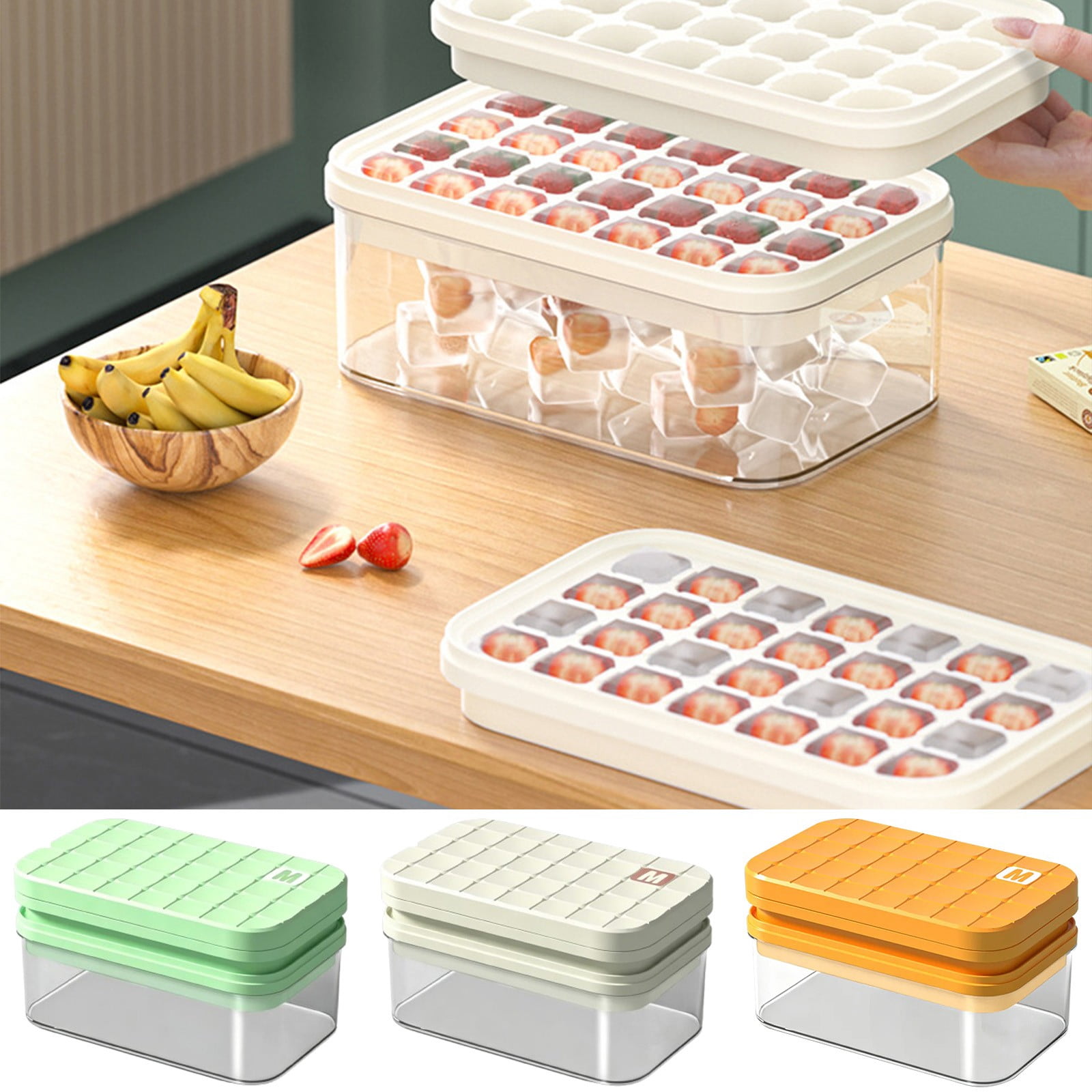 VMWMSSR 2-Layer Ice Cube Box With Lid, Silicone Press Release Ice Tray, Stackable & Leak-Proof Freezer Container(Orange-23X14X12Cm)