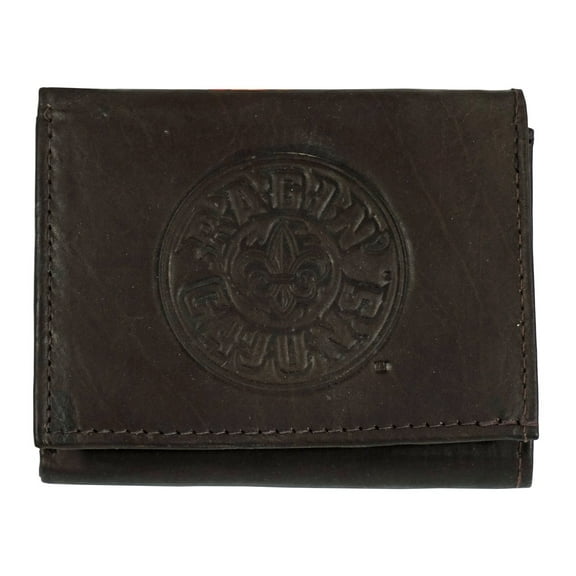 Louisiana Lafayette NCAA Ragin Cajuns Embossed Trifold Wallet - Soft Dark Brown Leather - with Worn Distressed Look