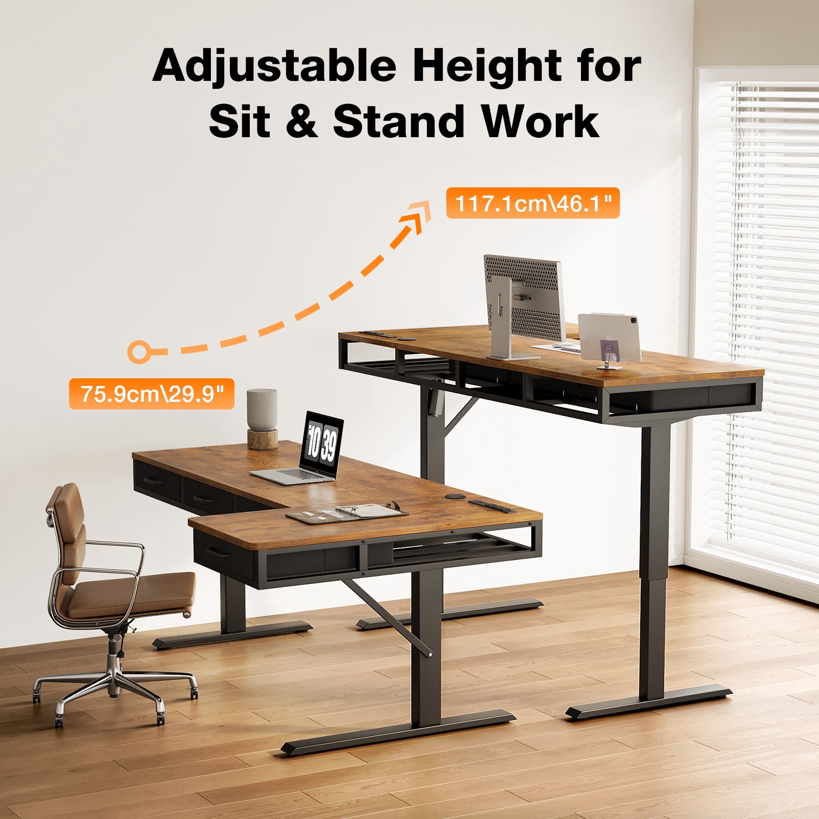Electric L Shaped Standing Desk 62 Inch With 4 Fabric Drawers, Height Adjustable Computer Desk With Power Outlets & USB, Reversible Sit Stand Desk For Home Office
