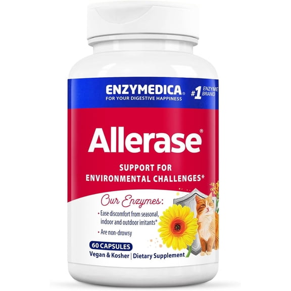Enzymedica, Allerase, Non-Drowsy Enzyme Supplement to Help Relieve Seasonal Mucus Buildup, Vegan, Kosher, 60 capsules (60 servings)