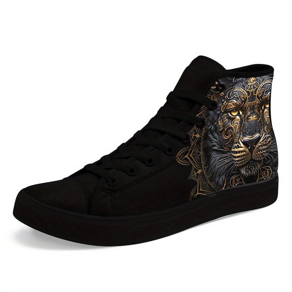 Coolcustomize Men's High Top Sneakers - Black & Golden Lion Mandala Shoes, Cushioned Insole for Urban Streetwear, Formal Events - Fashion Shoes Ideal Gift, Casual Durable Footwear, Stylish Hightops