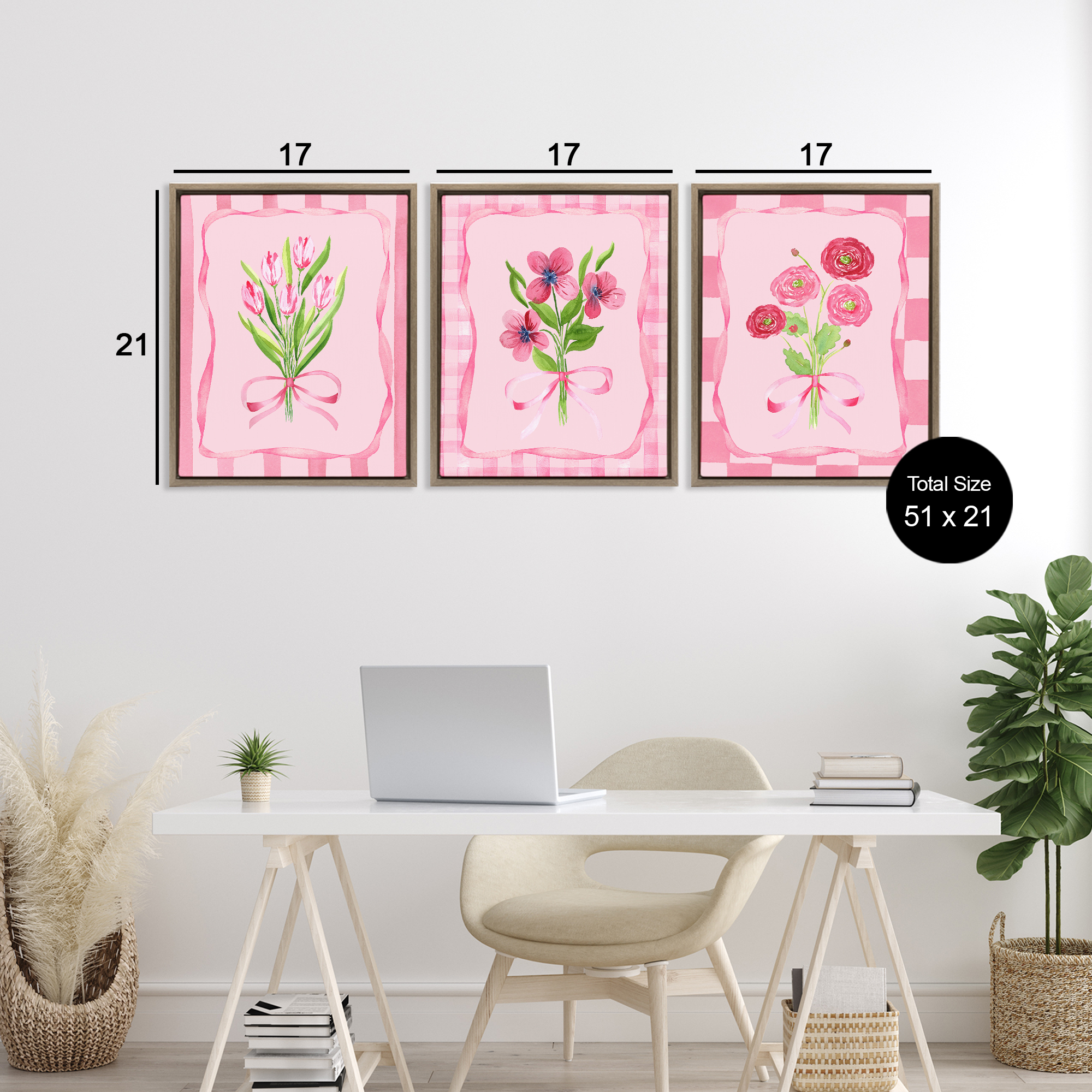 Pretty & Sweet Bordered Flowers 3 Piece Brown Framed Floater Canvas Set, design by Nina Jacobs