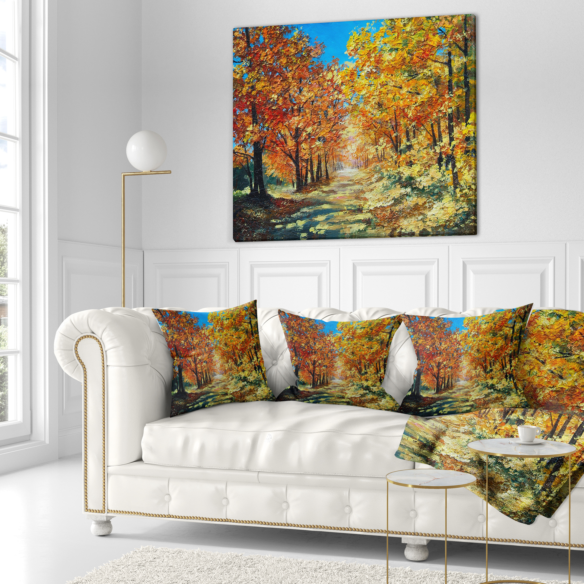 Designart Bright Day in Autumn Forest - Landscape Printed Throw Pillow - 18x18