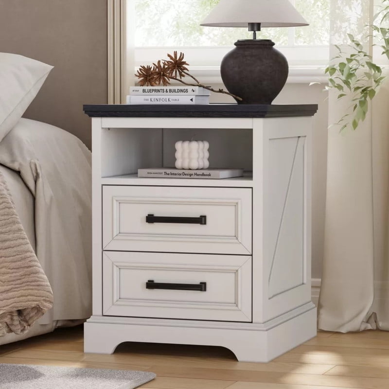 Kelno 18" Nightstand with Charging Station Farmhouse Wooden End Table with 2 Drawers USB TypeC Outlets，White