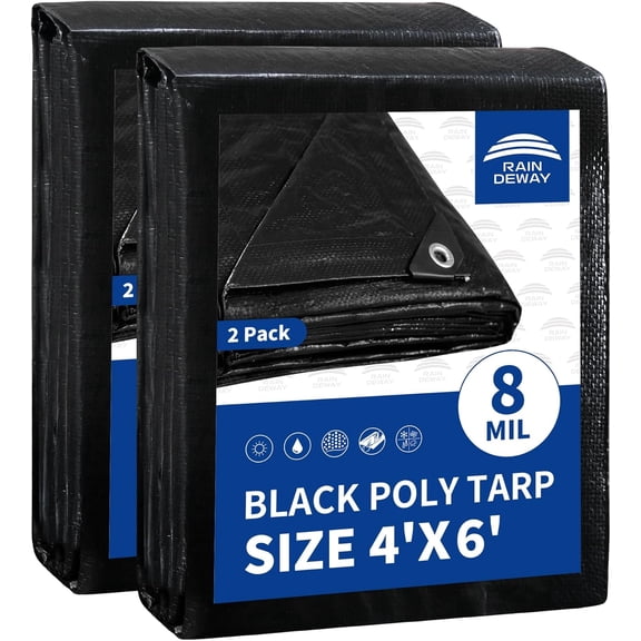 Small Black Tarps 4x6 Feet (2 Pack), UV Resistant, 8 Mil Multipurpose Medium Duty Waterproof Poly Tarp Cover with Metal Grommets and Reinforced Edges by
