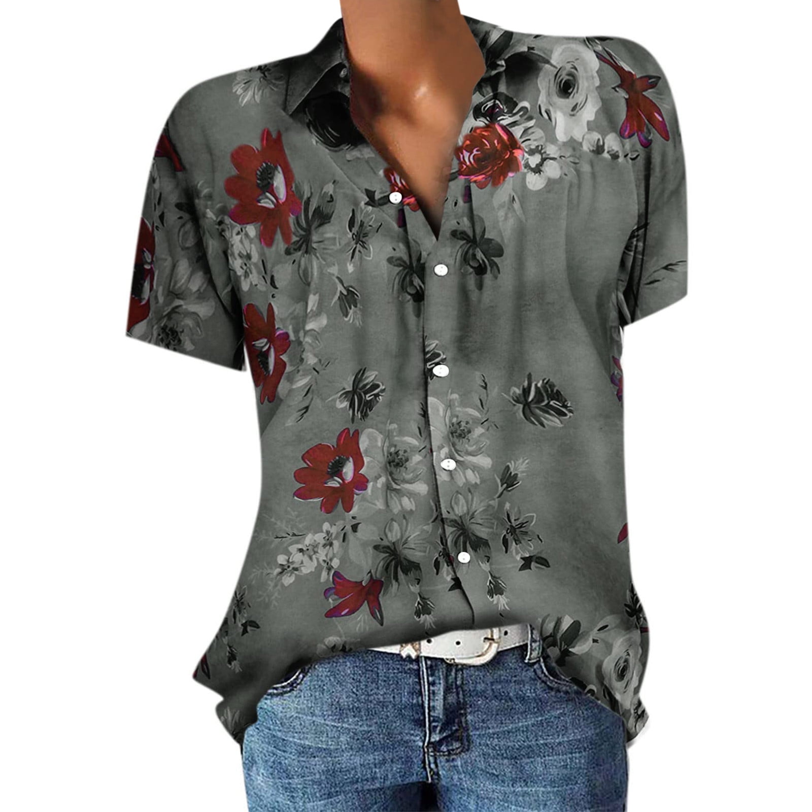 Business Casual Shirt for Women Floral Printed Short Sleeve Button