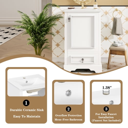 20 Inch Bathroom Vanity with Undermount Ceramic Sink  Free-standing with Soft-Close Doors and Drawers,Adjustable U-Shaped Shelf