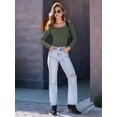 thumbnail image 4 of Womens Long Sleeve Shirts Square Neck Tops Ribbed Knit Basic Crop Tops Fall Outfits Fashion Clothes Army Green XXXL, 4 of 8