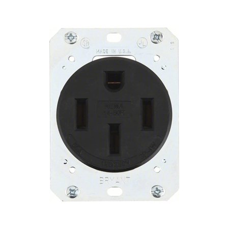 Bryant 9450FR Industrial Grade 50 Amp NEMA 14-50 Receptacle, Made in USA, Single Flush, 3 Pole 4 Wire Grounding 125/250V, Black