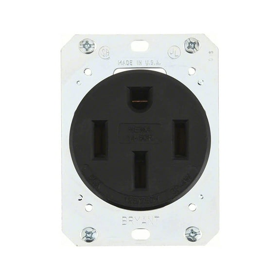 Bryant 9450FR Industrial Grade 50 Amp NEMA 14-50 Receptacle, Made in USA, Single Flush, 3 Pole 4 Wire Grounding 125/250V, Black