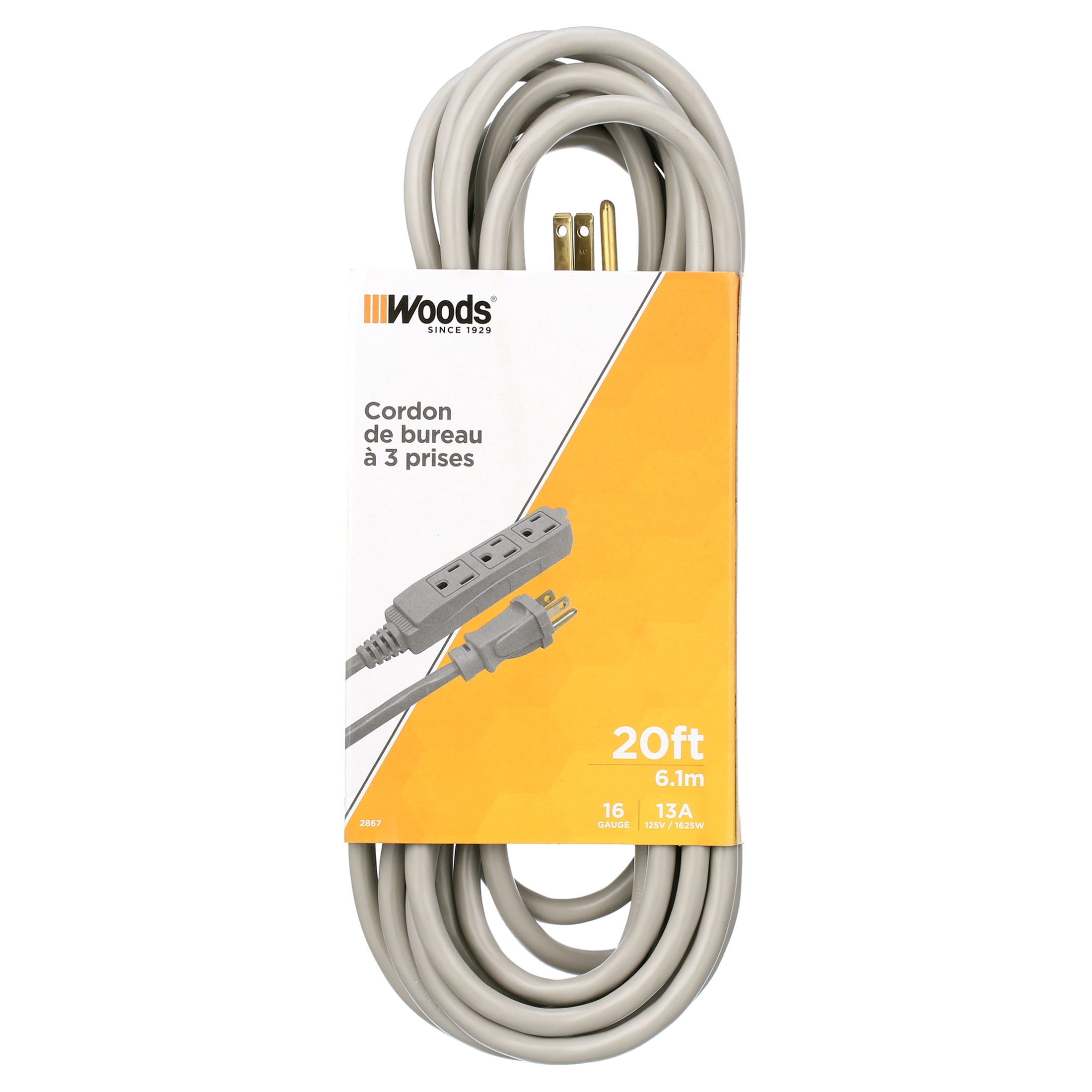 Woods 2867 3-Outlet Extension Cord with Power Tap, 20-Foot, Gray
