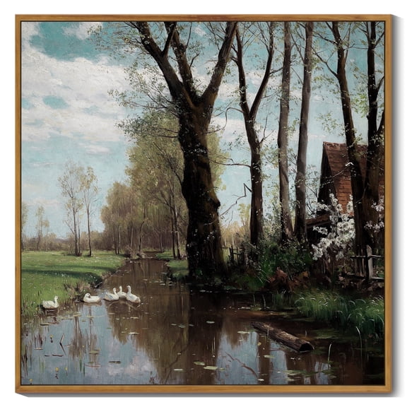 Drsoum Large 24x24in Natural Framed Vintage Countrysid and Rivulet Framed Wall Art Classic Retro Summer Idyll Village Landscape Rustic Wall Prints Farmhouse Bathroom Office Decor