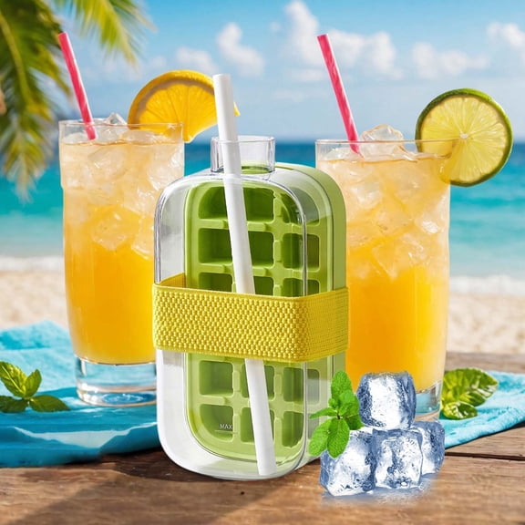 2 in 1 Ice Tray Mold Water Bottle with Lid,Easy to Release Silicone Ice Trays Cup For Beverage,Easy Applies to Summer Drinks,Whiskey,Cocktail,Tea,Coffee,Ideal For Outdoor Carry,500ml Capacity