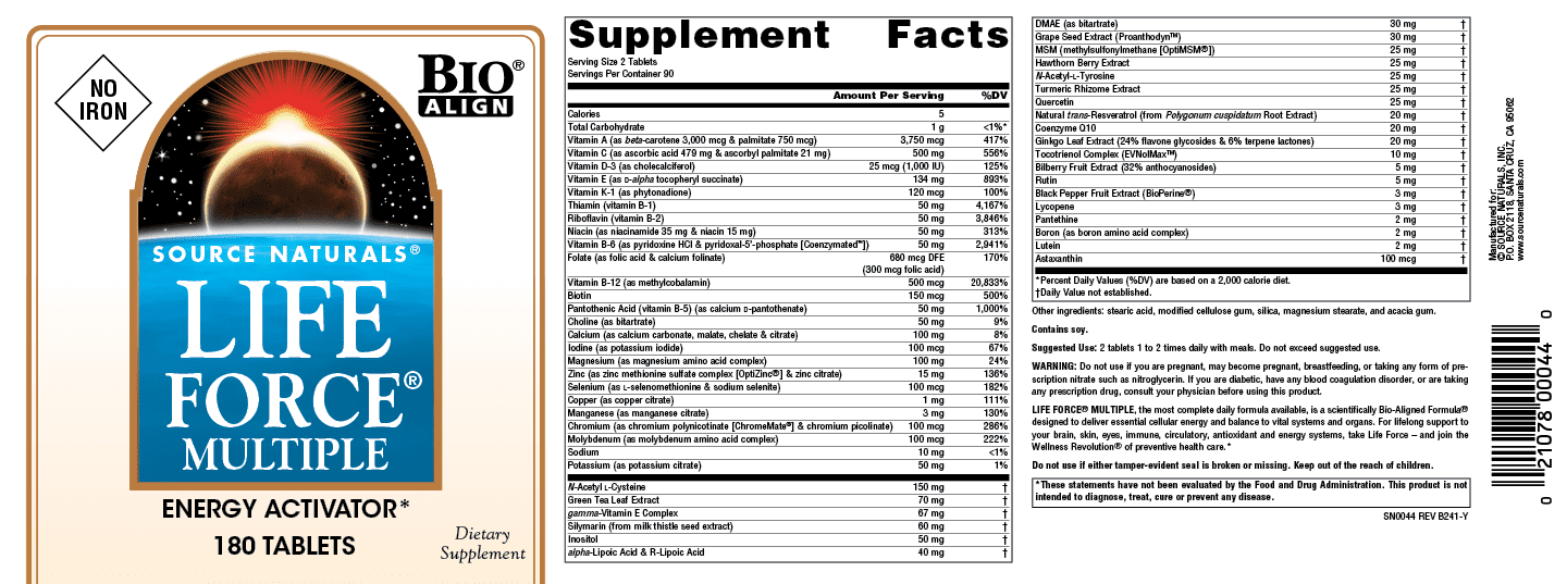 Source Naturals Life Force Multiple, Enegry Activator No Iron*- 180 Tablets