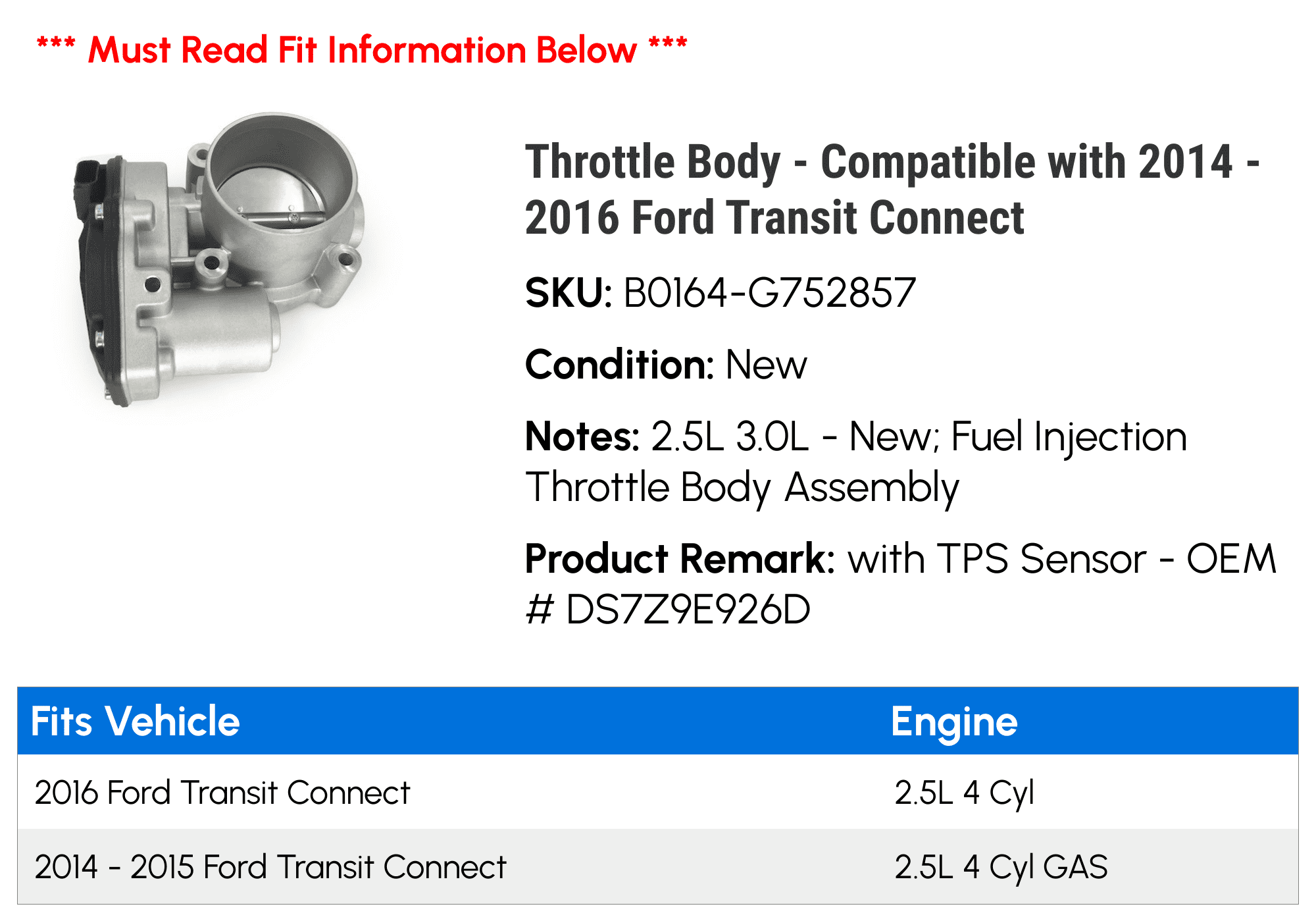Throttle Body - Compatible with 2014 - 2016 Ford Transit Connect 2015