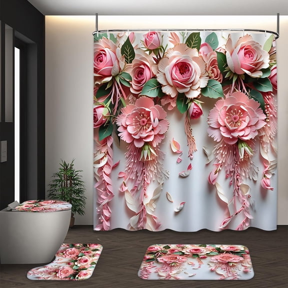LVRLVR 1/4 3D Pink Paper Floral Fabric Shower Curtain Rug Set - Bohemian Flower Bath Mat Bathroom Decoration,Pink, 70.8" × 70.8"