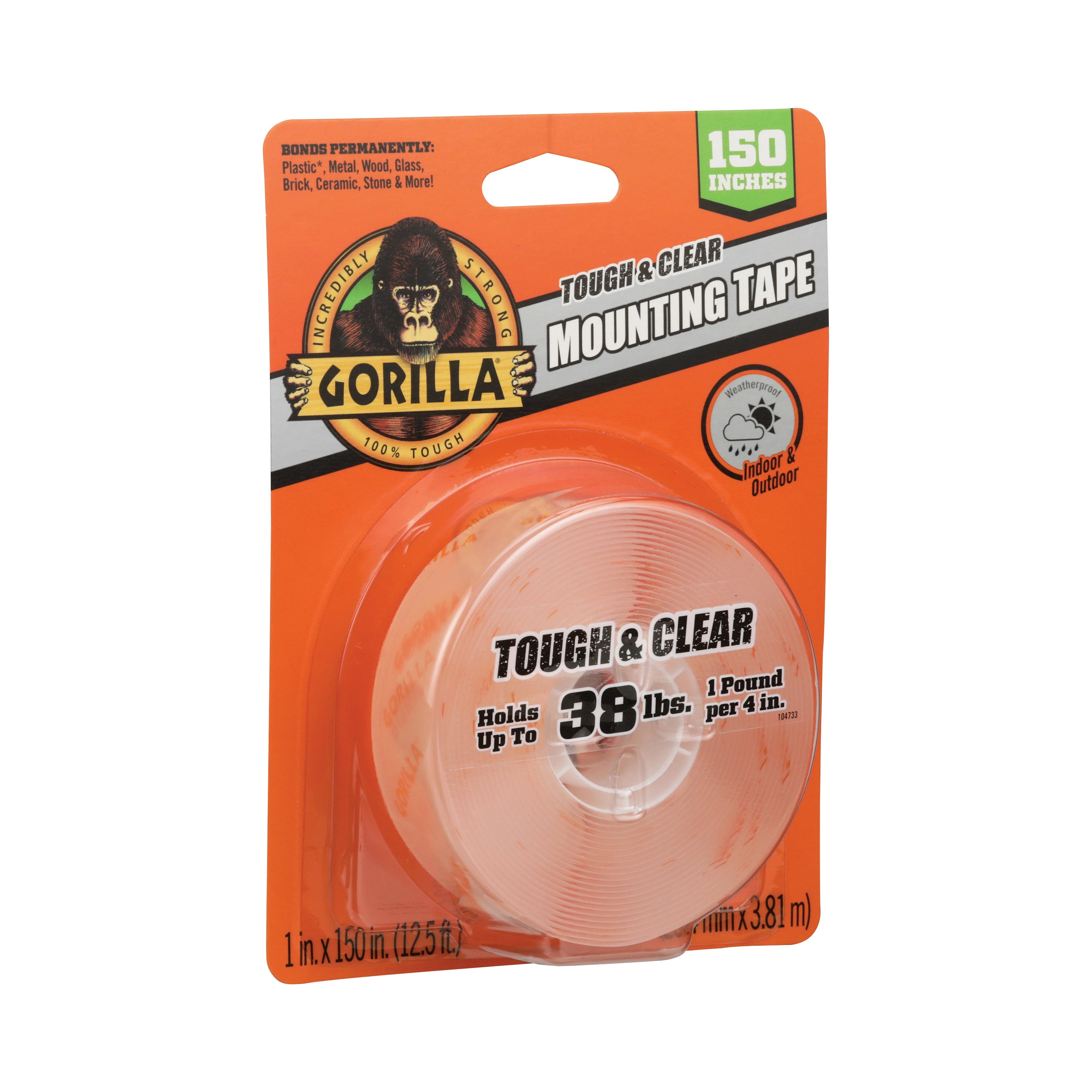 Gorilla Tough & Clear Double Sided XL Mounting Tape, 1" x 150", Clear, Pack of 1 Fur Pak — Residential Use, Standard Application
