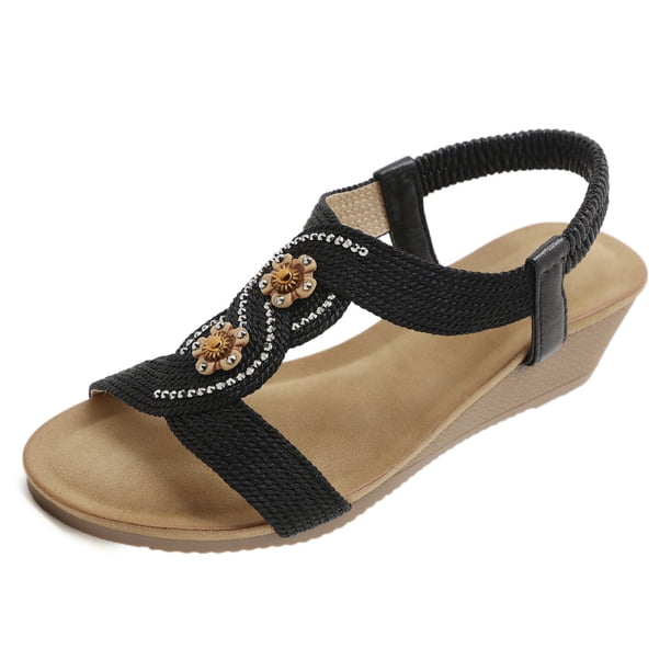 Sandalias de cuña para mujer Sandalias elásticas con correa en el tobillo Moda simple para la playa de verano