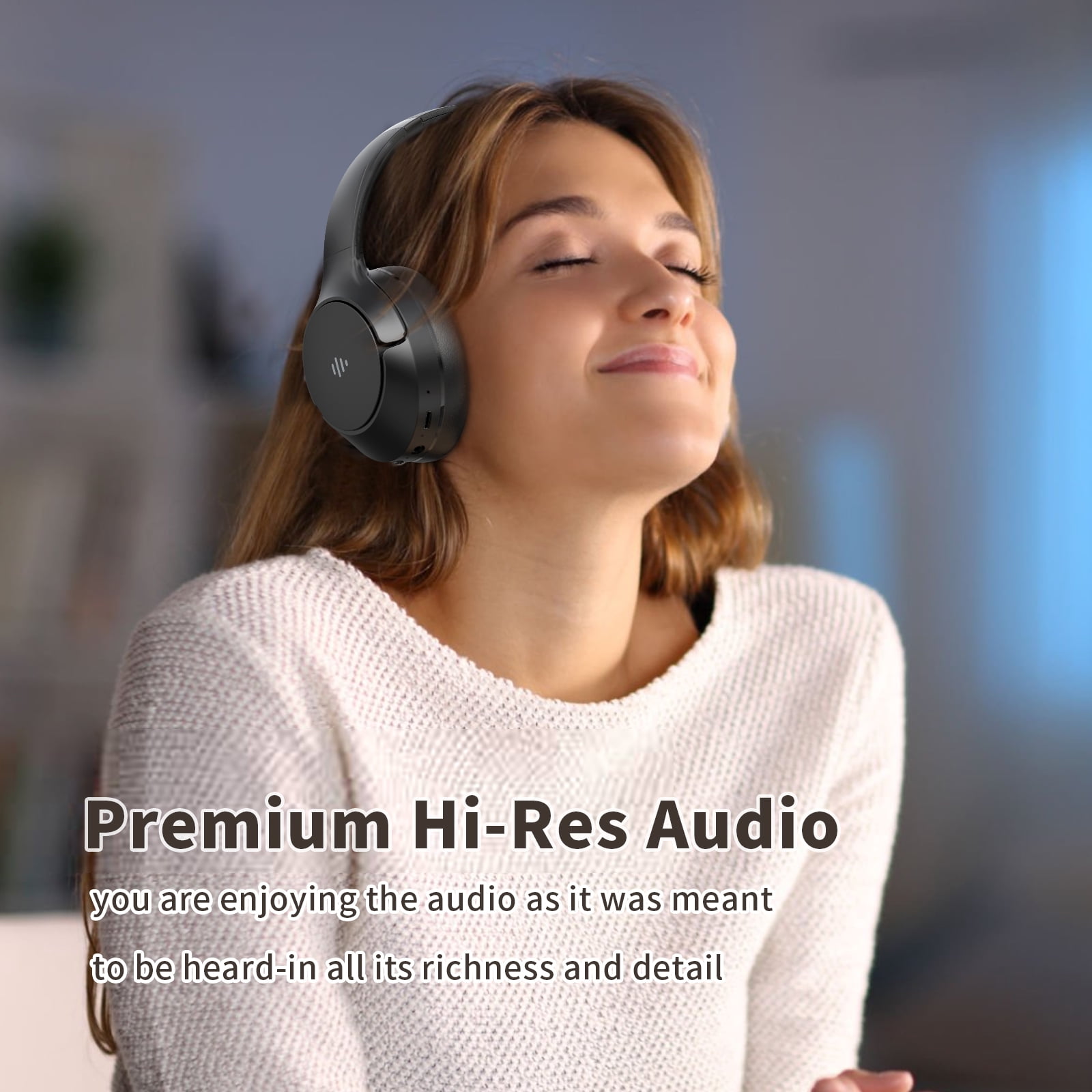 KVIDIO Active Noise Cancelling Headphones with Microphone, Deep Bass, 70H Running Time - Black