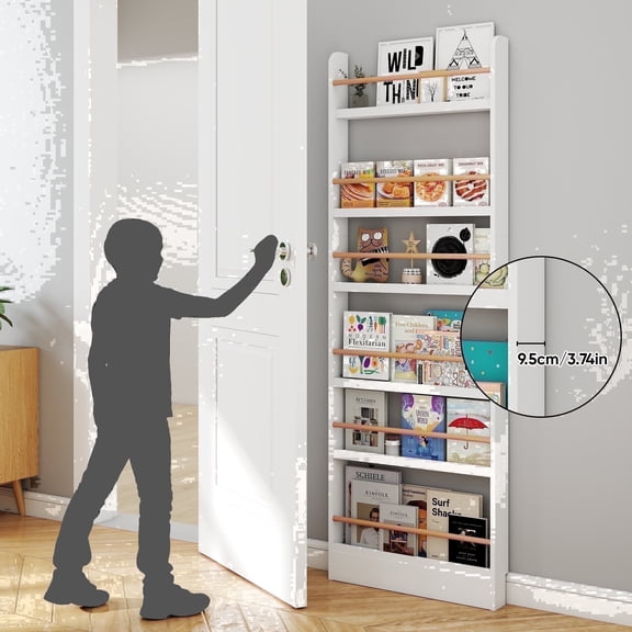 VGBYUJ Behind The Door Bookshelf, 6 Tier Slim Bookcase for Narrow Space, Space-Saving Wall Mount Narrow BookShelf for Bedroom Living Room Kitchen, White