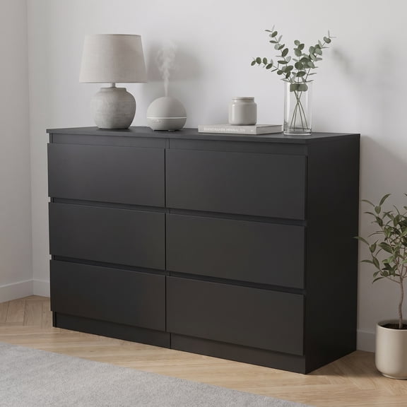 Prilinex Black Dresser for Bedroom, 6 Drawer Double Dresser, 47" W Modern Wood Chest of Drawers for Living Room Closet