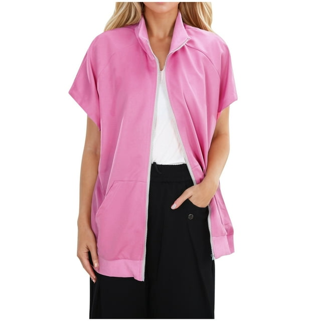 GPOECD Women's Lapel Zip Thread Pocket Sweatshirt Sleeveless Oversized Sweatshirt Red,L