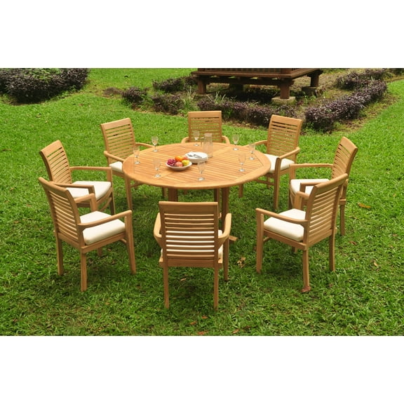 Grade-A Teak Dining Set: 8 Seater 9 Pc: 60" Round Table And 8 Mas Stacking Arm Chairs Outdoor Patio WholesaleTeak #WMDSMS12