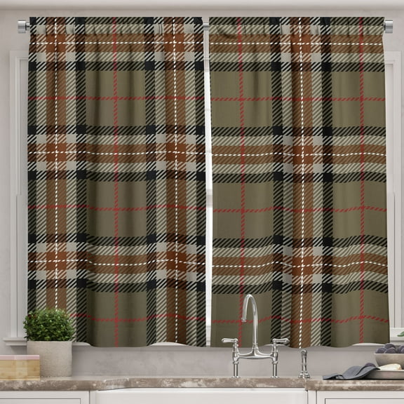 Ambesonne Checkered Kitchen Curtains, Scottish Geometric, 55"x39", Charcoal Grey Pale Brown