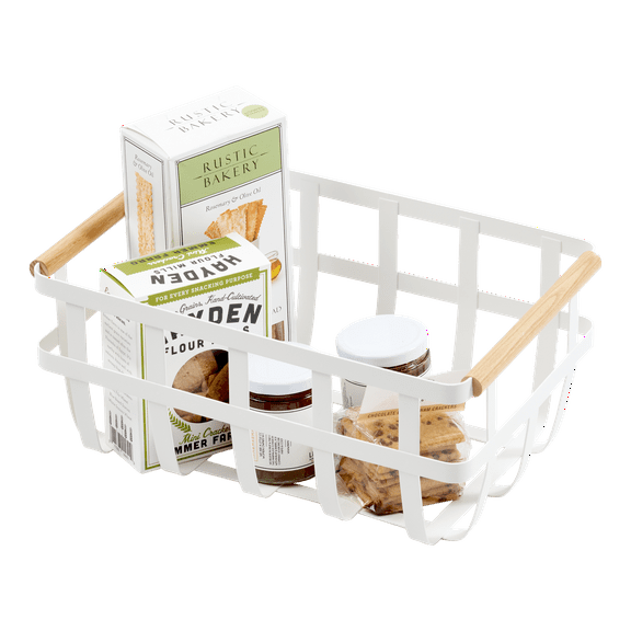 Yamazaki Home Storage Basket - Two Sizes, White, Steel Wood, Medium, Handles, No Assembly