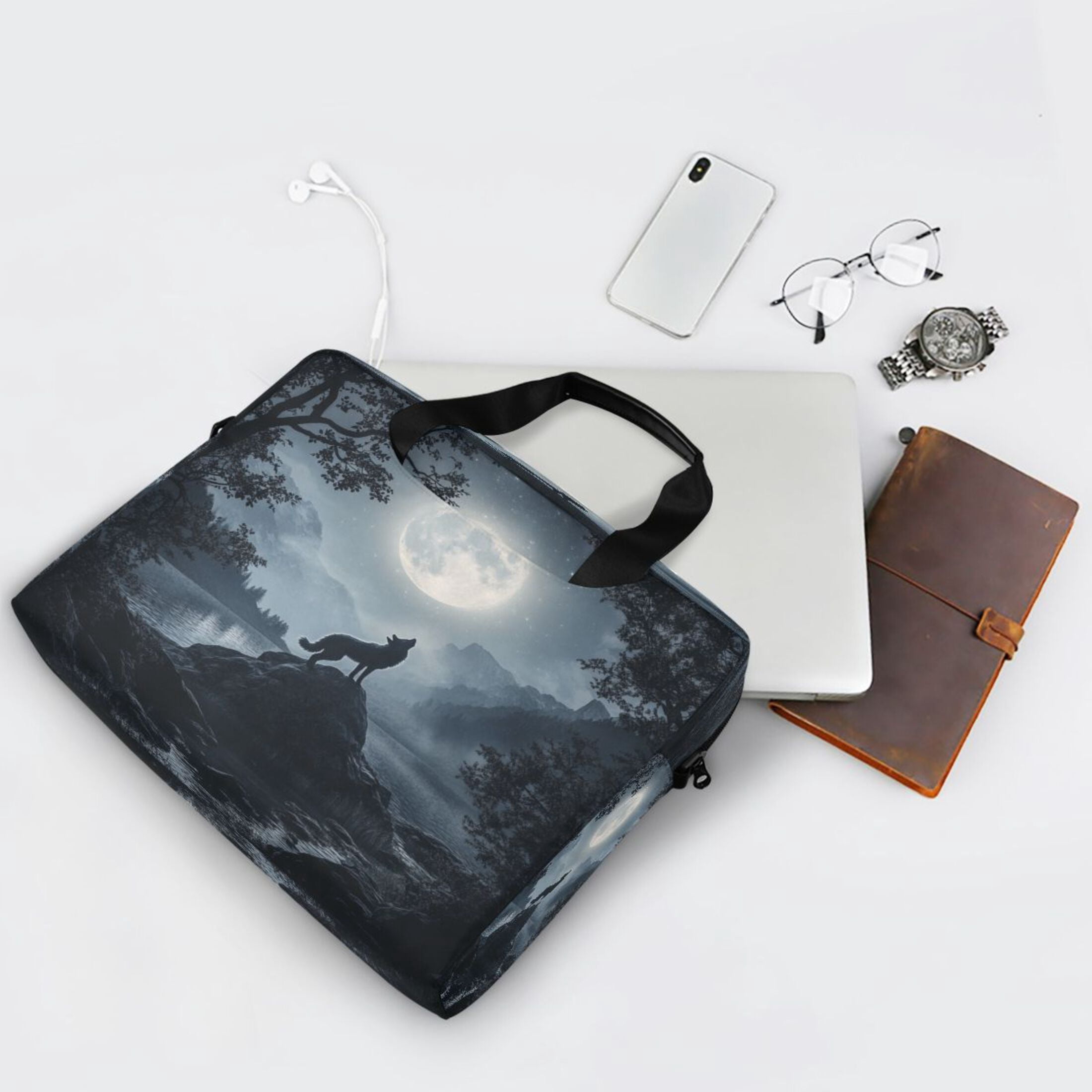 16" Laptop Tote Bag Laptop Sleeve Case Computer Briefcase for Work & Travel Wolf Howling at The Moon