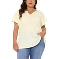 thumbnail image 1 of Blusas de verano casuales de talla grande para mujer Agnes Orinda, con textura, cuello en V con muesca y mangas con volantes, 2X color beige, 1 of 6