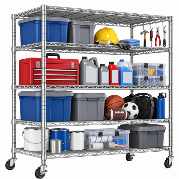 PrimeZone 5-Tier Wire Storage Shelves with Wheels, 81"H x 48"W x 24.2"D Adjustable Metal Shelf Rack Unit Organizer, Heavy Duty Wire Shelf for Garage Warehouse Office Restaurant Kitchen, , Chrome