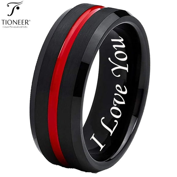 Tioneer Black IP Tungsten Ring w/ Distinct Blue or Red Center Line 8mm Comfort Fitw/ Free Engraving Options