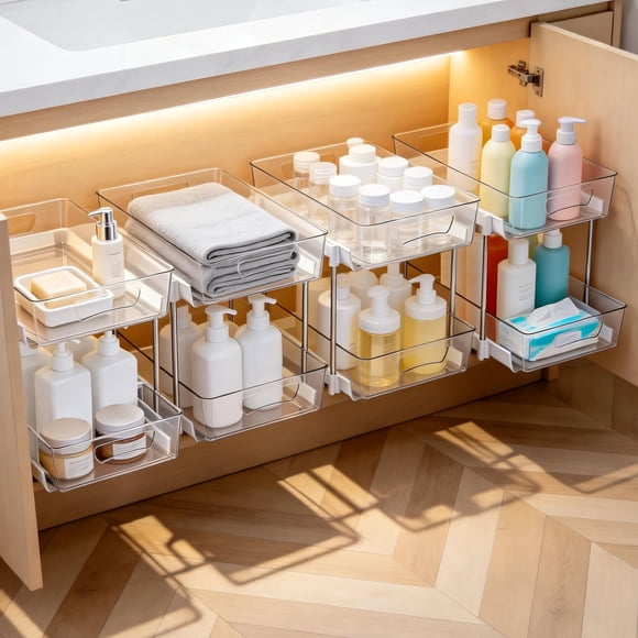 Paquete de 4 Organizadores para Baño, Organizadores de 2 Niveles para Debajo Del Fregadero, Contenedor de Almacenamiento para Encimera de Tocador, Cajones y Contenedores para Gabinete de Cocina,