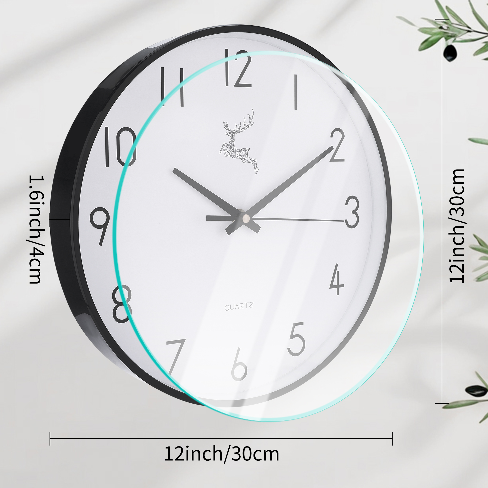 Unique Bargains Silent Non Ticking Battery Operated Wall Clock Black Deer 12 Inch