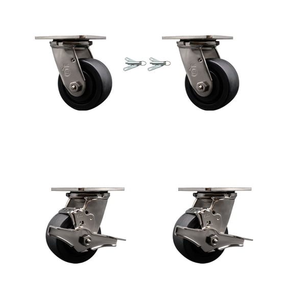 4 Inch 316SS Glass Filled Nylon Caster Set w/Roller Bearing 2 Swivel Lck 2 Brake
