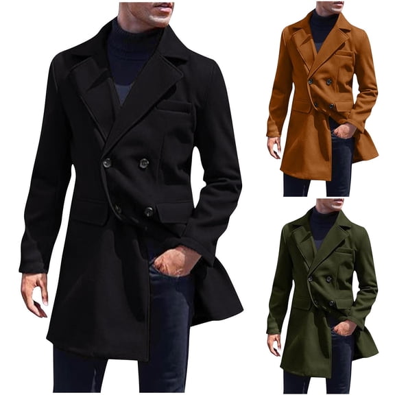 Hinvhai Men's Stand Collar Wool-Blend Classic Pea Coat with Removable Inner Collar Yellow 10(XL)
