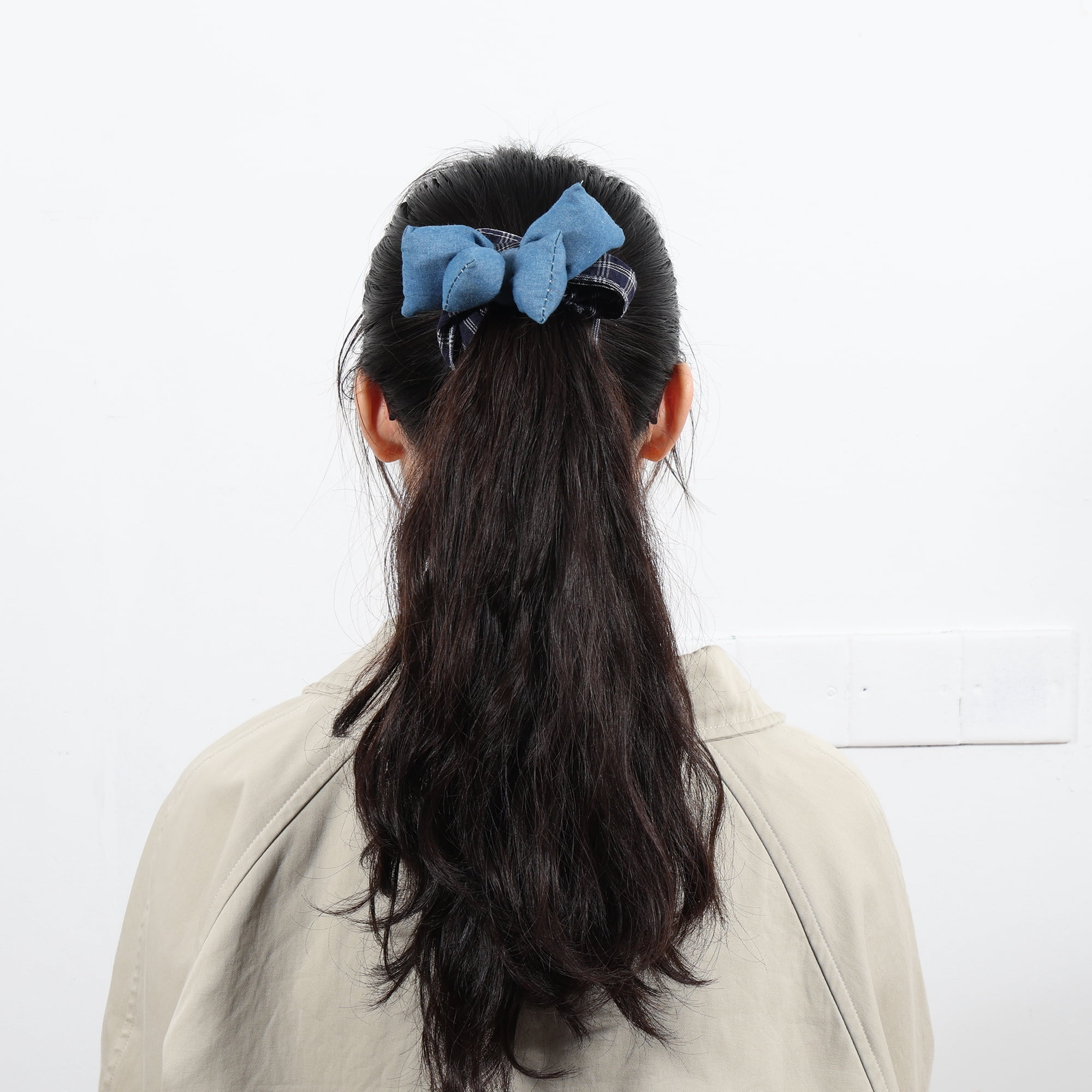 Unique Bargains Bow Denim Hair Ties Fashionable Daily Use Blue Dark Plaid