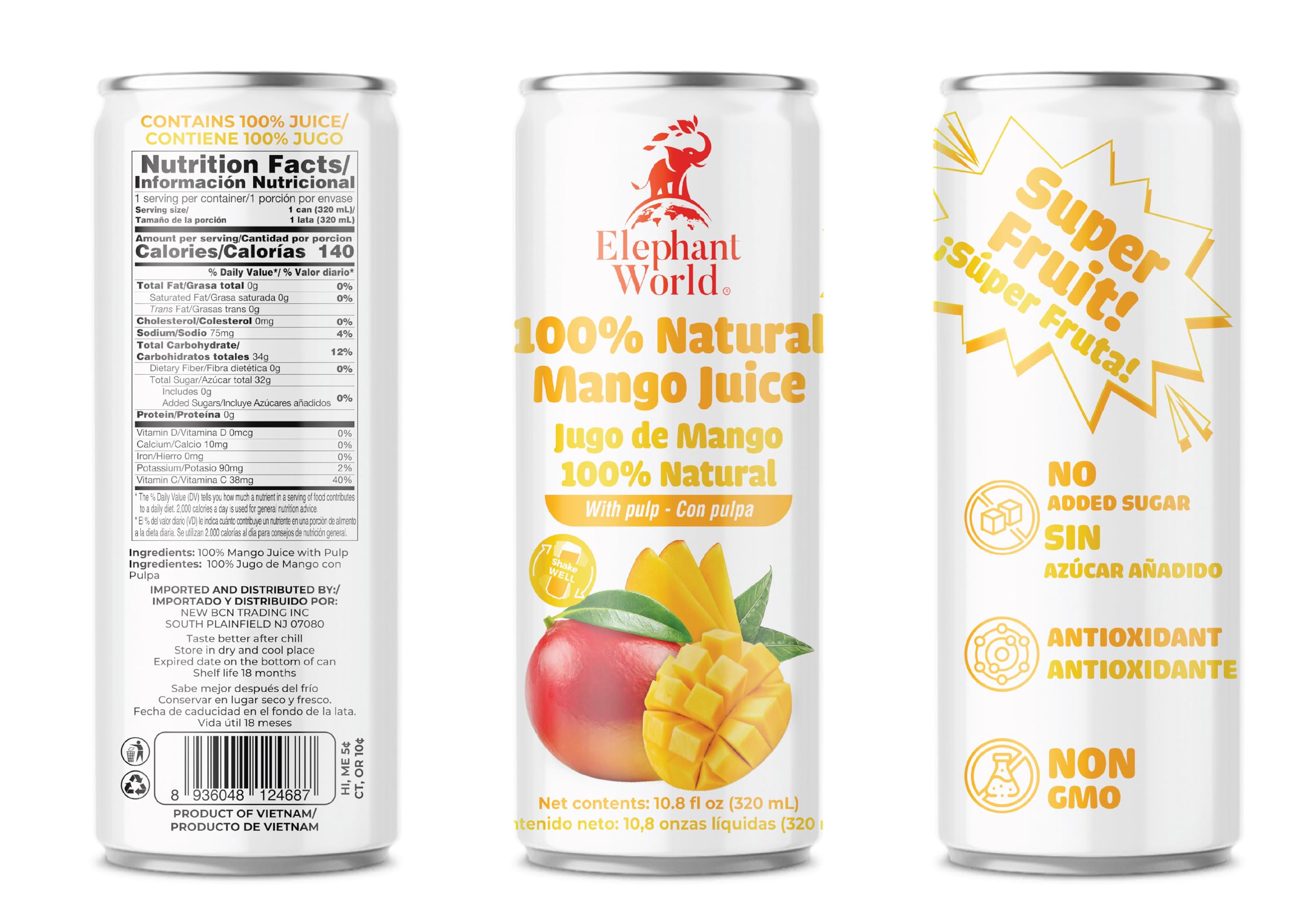 Elephant World 100% Natural Mango Juice Canned | NON GMO | 10.8 oz (Pack of 12), Mango