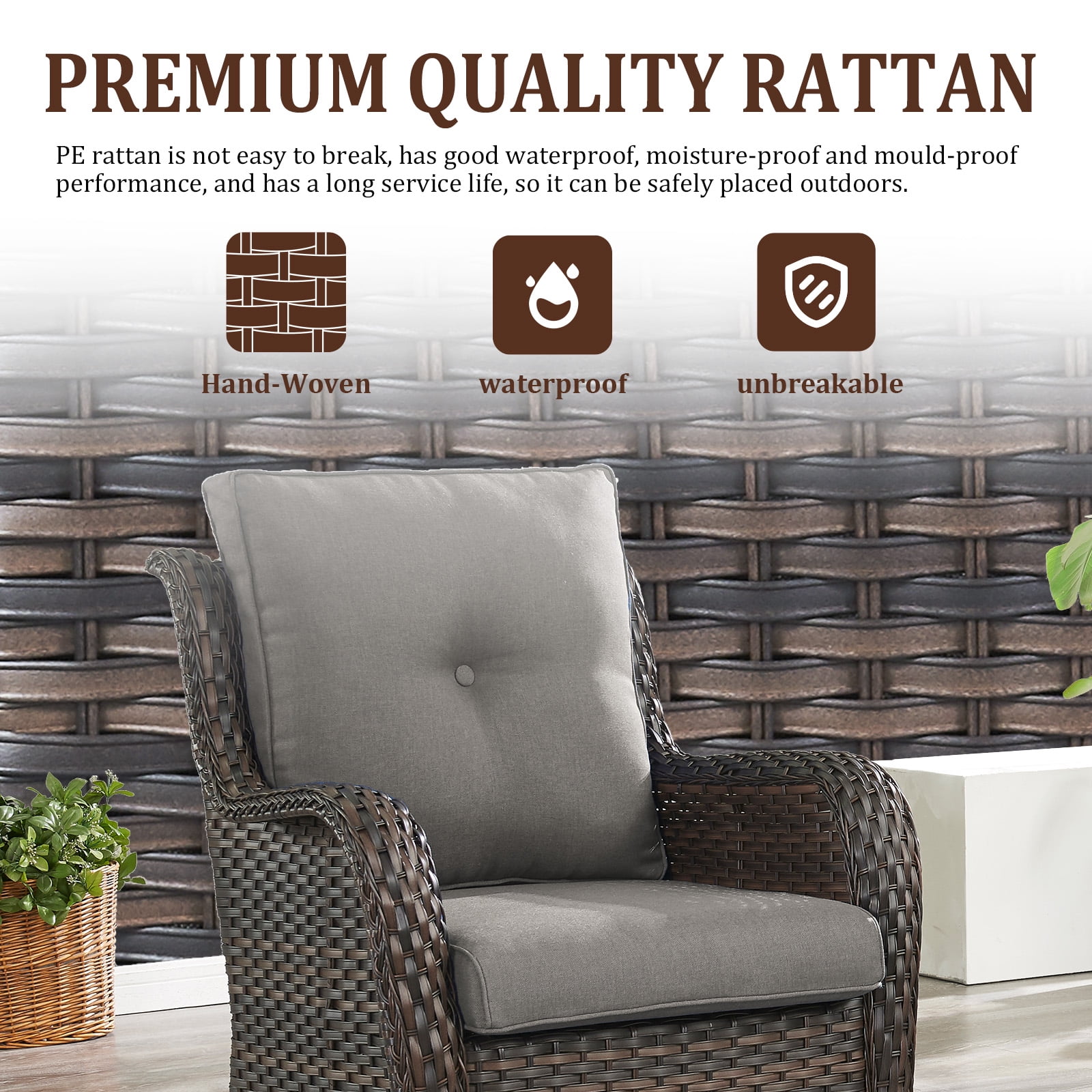 POCASSY 7PCS Outdoor Furniture Set with Firepit Table, Brown Wicker Outdoor Conversation Set with Patio Sectional Sofa Patio Swivel Chairs and Propane Firepit for Deck Porch Garden - Gray