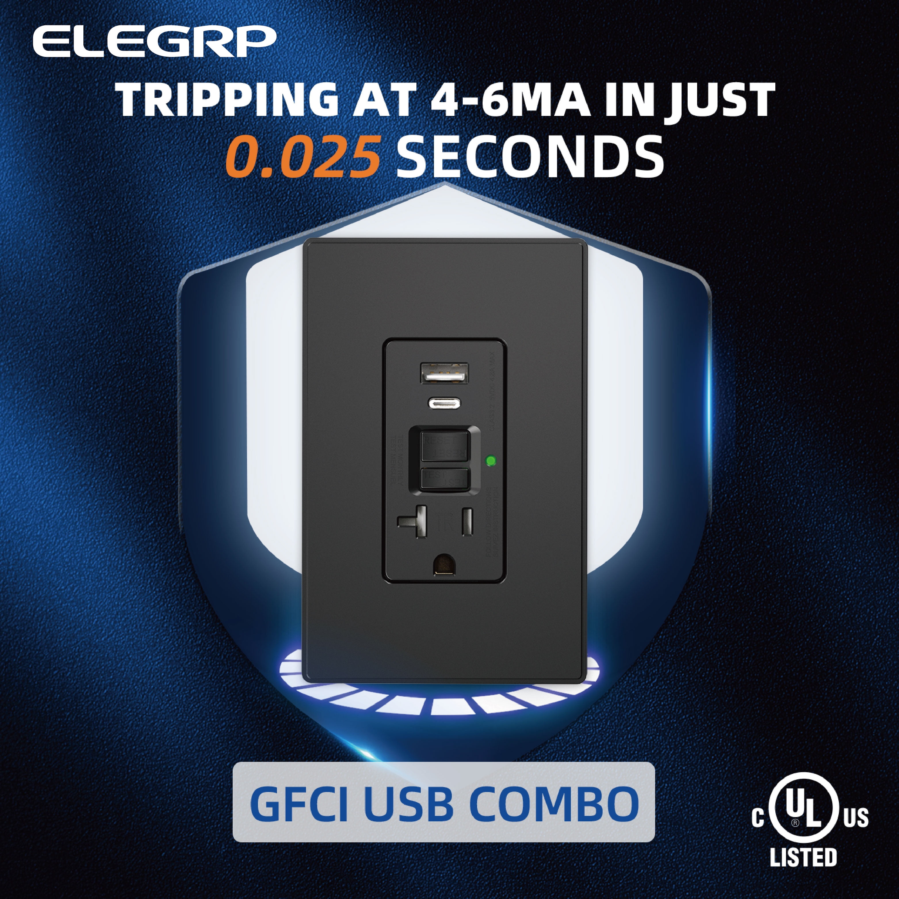 ELEGRP 20 Amp Tamper Resistant Self-Test GFCI Outlet Receptacle & 24W In-Wall USB Charger combo, Type A & Type C, Midsize Screwless Wall Plate included, UL & CUL Listed, Black, 1 pack