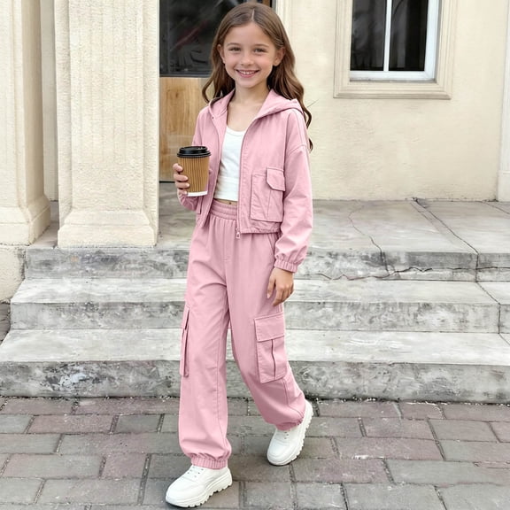 Kids Stand Collar Set, Long Sleeve Zipper Coat & Pants, Leisure Two-Piece Outfit For Children Pink 14-15Years